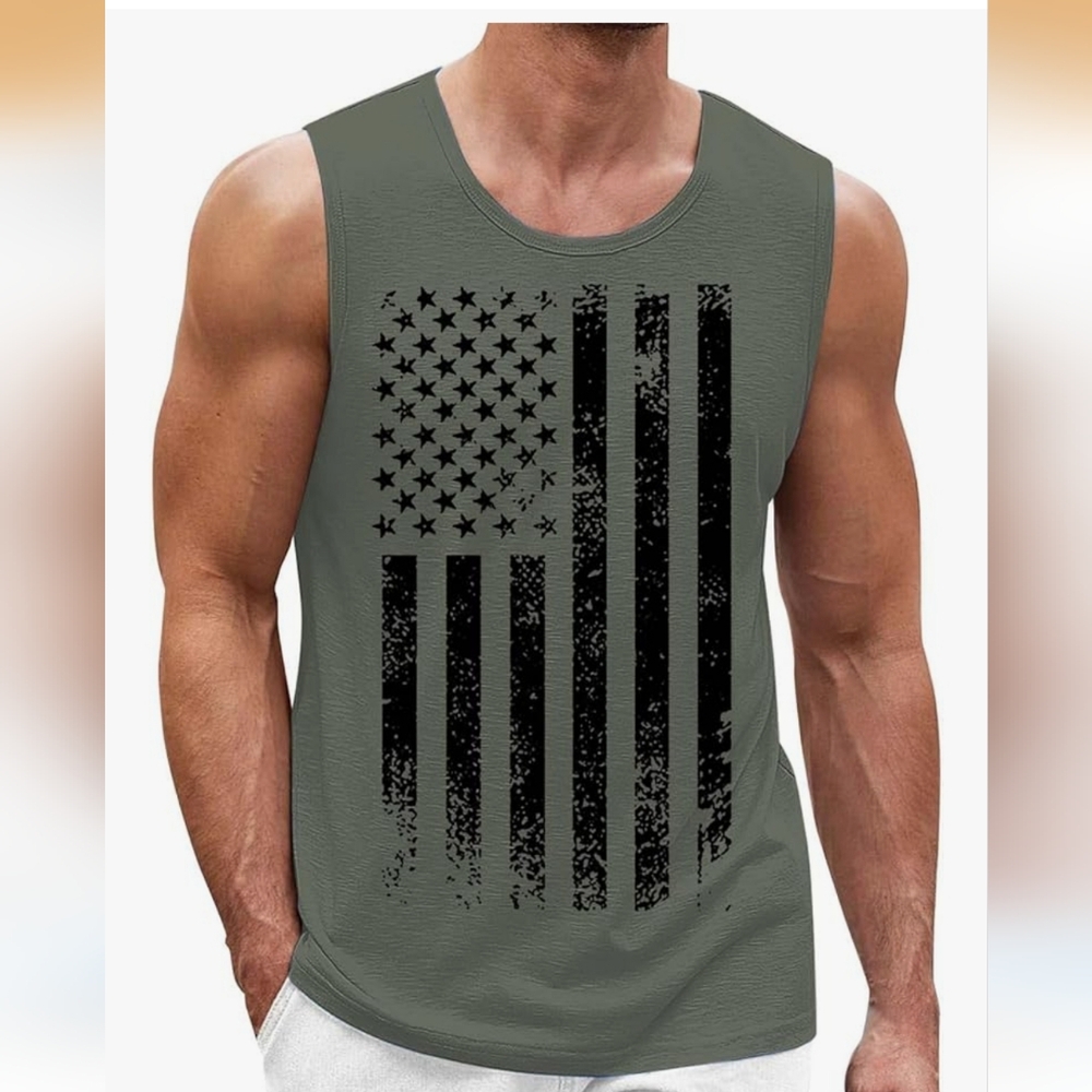 Men's Olive Green Sleeveless Shirt with Black Flag Design